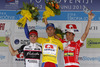 Winner of Tour de Slovenie 2013 Radoslav Rogina of Croatia (Team Adria Mobil, middle), second placed in overall classification Jan Polanc of Slovenia (Team Radenska, left) and third placed in overall classification Patrik Sinkewitz of Germany (Team Meridiana Kamen, right) at the flower ceremony after the fourth stage of Tour de Slovenie 2013. The fourth stage from Brezice to Novo mesto was 155,8 km long and it was held on Sunday, 16th of June, 2013 in Slovenia.
