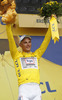 Winner Marcel Kittel of Germany (Team Argos Shimano) in a yellow jersey as leading cyclist in general classification at the flower ceremony of the first stage of 100th Tour de France 2013. The first stage from Porto Calvi to Bastia was 213 km long and it was held on Saturday, 29th of June, 2013 in Corsica, France.
