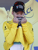 Winner Jan Bakelants of Belgium (Team Radioshack Leopard) in yellow jersey as the best rider in general classification at the flower ceremony of the second stage of 100th Tour de France 2013. The second stage from Bastia to Ajaccio was 156 km long and it was held on Sunday, 30th of June, 2013 in Corsica, France.
