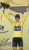 Jan Bakelants of Belgium (Team Radioshack Leopard) in yellow jersey as the best rider in general classification at the flower ceremony of the third stage of 100th Tour de France 2013. The third stage from Ajaccio to Calvi was 145,5 km long and it was held on Monday, 1st of July, 2013 in Corsica, France.

