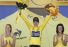 Jan Bakelants of Belgium (Team Radioshack Leopard) in yellow jersey as the best rider in general classification at the flower ceremony of the third stage of 100th Tour de France 2013. The third stage from Ajaccio to Calvi was 145,5 km long and it was held on Monday, 1st of July, 2013 in Corsica, France.
