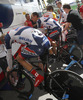 Team Lotto - Belisol is preparing before the start of the team time trial of the fourth stage of 100th Tour de France 2013. The team time trial of the fourth stage in Nice was 25 km long and it was held on Tuesday. 2nd of July, 2013 in Nice, France.
