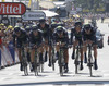 Team Movistar riding during the team time trial of the fourth stage of 100th Tour de France 2013. The team time trial of the fourth stage in Nice was 25 km long and it was held on Tuesday. 2nd of July, 2013 in Nice, France.
