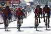 In the middle Cadel Evans of Australia (BMC Racing Team) riding during the team time trial of the fourth stage of 100th Tour de France 2013. The team time trial of the fourth stage in Nice was 25 km long and it was held on Tuesday. 2nd of July, 2013 in Nice, France.
