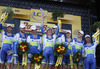 Stage winner Team Orica GreenEDGE at the flower ceremony of the team time trial of the fourth stage of 100th Tour de France 2013. The team time trial of the fourth stage in Nice was 25 km long and it was held on Tuesday. 2nd of July, 2013 in Nice, France.
