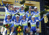 Stage winner Team Orica GreenEDGE at the flower ceremony of the team time trial of the fourth stage of 100th Tour de France 2013. The team time trial of the fourth stage in Nice was 25 km long and it was held on Tuesday. 2nd of July, 2013 in Nice, France.
