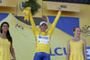 Simon Gerrans of Australia (Team Orica GreenEDGE) in yellow jersey as the best rider in general classification at the flower ceremony of the team time trial of the fourth stage of 100th Tour de France 2013. The team time trial of the fourth stage in Nice was 25 km long and it was held on Tuesday. 2nd of July, 2013 in Nice, France.
