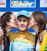 Current overall leader Kevin Seeldraeyers (BEL) celebrates his yellow jersey in the 65th Tour of Austria, Stage 4, from Matrei to St. Johann/ Alpendorf, Salzburg, Austria on 2013/07/03.
