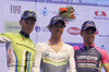 Winner Michael Matthews of Australia (Team Orica Green Edge) in the middle, second placed Kristijan Koren of Slovenia (Team Cannondalle) at left and third placed Diego Ulissi of Italy (Team Lampre Merida) at right at the flower ceremony of the first stage  of the Tour de Slovenie 2014. Individual time trial of the first stage of the Tour de Slovenie was 8,8km long and it was held on Thursday, 19th of June, 2014 in Ljubljana, Slovenija.
