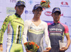 Winner Michael Matthews of Australia (Team Orica Green Edge) in the middle, second placed Kristijan Koren of Slovenia (Team Cannondalle) at left and third placed Diego Ulissi of Italy (Team Lampre Merida) at right at the flower ceremony of the first stage  of the Tour de Slovenie 2014. Individual time trial of the first stage of the Tour de Slovenie was 8,8km long and it was held on Thursday, 19th of June, 2014 in Ljubljana, Slovenija.
