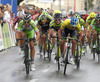 Winner Sonny Colbrelli of Italy (Team Bardiani Csf Inox), third placed Grega Bole of Slovenia (Team Vinni Fantini Nippo) and second placed Michael Matthews of Australia (Team Orica Green Edge) at the finish line of the second stage of the Tour de Slovenie 2014. Second stage of the Tour de Slovenie from Ribnica to Kocevje was 160,7 km long and it was held on Friday, 20th of June, 2014 in Slovenija.
