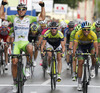 Winner Sonny Colbrelli of Italy (Team Bardiani Csf Inox), third placed Grega Bole of Slovenia (Team Vinni Fantini Nippo) and second placed Michael Matthews of Australia (Team Orica Green Edge) at the finish line of the second stage of the Tour de Slovenie 2014. Second stage of the Tour de Slovenie from Ribnica to Kocevje was 160,7 km long and it was held on Friday, 20th of June, 2014 in Slovenija.
