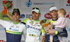 Winner Sonny Colbrelli of Italy (Team Bardiani Csf Inox) in the middle, second placed Michael Matthews of Australia (Team Orica Green Edge) at left and third placed Grega Bole of Slovenia (Team Vinni Fantini Nippo) at right at the flower ceremony of the second stage of the Tour de Slovenie 2014. Second stage of the Tour de Slovenie from Ribnica to Kocevje was 160,7 km long and it was held on Friday, 20th of June, 2014 in Slovenija.
