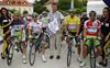 Davide Villella of Italy (Team Cannondalle) in dark blue jersey, Simon Yates of Great Britain (Team Orica Green Edge) in white jersey, Simon Yates of Great Britain (Team Orica Green Edge) in yellow jersey and Sonny Colbrelli of Italy (Team Bardiani Csf Inox) in red jersey before the start of the third stage of the Tour de Slovenie 2014. Third stage of the Tour de Slovenie from Rogaska Slatina to Sveti Trije kralji was 192 km long and it was held on Saturday, 21st of June, 2014 in Slovenija.
