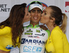 Stage winner Francesco Manuel Bongiorno of Italy (Team Bardiani Csf Inox) at the flower ceremony of the third stage of the Tour de Slovenie 2014. Third stage of the Tour de Slovenie from Rogaska Slatina to Sveti Trije kralji was 192 km long and it was held on Saturday, 21st of June, 2014 in Slovenija.
