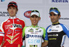 Stage winner Francesco Manuel Bongiorno of Italy (Team Bardiani Csf Inox) in the middle, second placed Tiago Machado of Portugal (Team Netap Endura) at right and third placed Iinur Zakarin of Russia (Team Rusvelo) on left at the flower ceremony of the third stage of the Tour de Slovenie 2014. Third stage of the Tour de Slovenie from Rogaska Slatina to Sveti Trije kralji was 192 km long and it was held on Saturday, 21st of June, 2014 in Slovenija.
