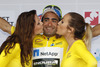 Tiago Machado of Portugal (Team Netap Endura) in yellow jersey as the best rider in general classification at the flower ceremony of the third stage of the Tour de Slovenie 2014. Third stage of the Tour de Slovenie from Rogaska Slatina to Sveti Trije kralji was 192 km long and it was held on Saturday, 21st of June, 2014 in Slovenija.
