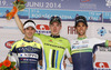 Stage winner Elia Viviani of Italy (Team Cannondalle) in the middle, second placed Eduard Grosu of Romania (Team Vinni Fantini Nippo) on the left and third placed Michael Matthews of Australia (Team Orica Green Edge) on the right at the flower ceremony at the last stage of the Tour de Slovenie 2014. The fourth stage of the Tour de Slovenie from Skofja Loka to Novo mesto was 153 km long and it was held on Sunday, 22nd of June, 2014 in Slovenija.
