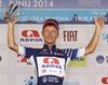 Klemen Stimulak of Slovenia (Team Adria Mobil) in dark blue jersey as the best rider in King of the mountain competition at the flower ceremony at the last stage of the Tour de Slovenie 2014. The fourth stage of the Tour de Slovenie from Skofja Loka to Novo mesto was 153 km long and it was held on Sunday, 22nd of June, 2014 in Slovenija.
