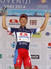 Klemen Stimulak of Slovenia (Team Adria Mobil) in dark blue jersey as the best rider in King of the mountain competition at the flower ceremony at the last stage of the Tour de Slovenie 2014. The fourth stage of the Tour de Slovenie from Skofja Loka to Novo mesto was 153 km long and it was held on Sunday, 22nd of June, 2014 in Slovenija.
