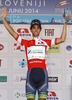 Michael Matthews of Australia (Team Orica Green Edge) in red jersey as the best rider in points classification at the flower ceremony at the last stage of the Tour de Slovenie 2014. The fourth stage of the Tour de Slovenie from Skofja Loka to Novo mesto was 153 km long and it was held on Sunday, 22nd of June, 2014 in Slovenija.
