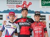 2nd placed Angel Vicioso Arcos of Spain 1st placed Rick Zabel of Germany 3rd placed Jan Trattnik of Slowenia during the Tour of Austria, 3rd Stage, from Windischgarsten to Judendorf, Judendorf, Austria on 2015/07/07.
