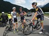 Breakaway group of Grischa Janorschke of Germany Lukas Postlberger of Austria Johann van Zyl of South Africa stopped during the Tour of Austria, 5th Stage, from Drobollach to Matrei in Osttirol, Drobollach, Austria on 2015/07/09.
