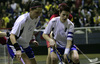 Players during women floorball match between Slovenia and Spain. Qualifications women floorball match for World Championships between Slovenia and Spain was played on Friday, 6th of February 2009, in Idrija, Slovenia. Match ended with 4:4.
