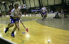 Players during women floorball match between Slovenia and Spain. Qualifications women floorball match for World Championships between Slovenia and Spain was played on Friday, 6th of February 2009, in Idrija, Slovenia. Match ended with 4:4.
