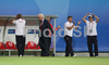 Polands coach Leo Beenhakker, Dariusz Dziekanowski and Franz Hoek react during the Euro 2008 Group B soccer match between Germany and Poland at the Woerthersee stadium in Klagenfurt, Austria, Sunday June 8, 2008.

