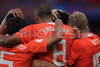 Netherlands team celebrates after scoring against Italy during the Euro 2008 Group C soccer match between Netherlands and Italy at the Stade de Suisse stadium in Berne, Switzerland, Monday June 9, 2008.

