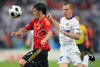 Spains forward David Villa, left, controls the ball while Russias defender Aleksandr Anyukov looks on during the Euro 2008 Group D soccer match between Spain and Russia at the Tivoli Neu stadium in Innsbruck, Austria, Tuesday June 10, 2008.
