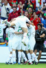 Portugals team celebrates after Portugals midfielder Deco scored against Czech Republic during the Euro 2008 Group A soccer match between Czech Republic and Portugal at the Stade de Geneve stadium in Geneva, Switzerland, Wednesday June 11, 2008.
