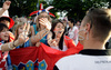 Crotian fans scream at a german fan in Zurich after the Euro 2008 Group B soccer match between Croatia and Germany, Switzerland, Thursday June 12, 2008.
