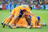 Romanias team celebrates after scoring against Italy during the Euro 2008 Group C soccer match between Italy and Romania at the Letzigrund stadium in Zurich, Switzerland, Friday June 13, 2008.
