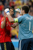 Spains defender Carlos Marchena, left, celebrates with Spains goalkeeper Iker Casillas during the Euro 2008 Group D soccer match between Sweden and Spain at the Tivoli Neu stadium in Innsbruck, Austria, Saturday June 14, 2008.
