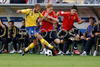 Swedens defender Olof Mellberg, Spains forward Fernando Torres and Spains forward David Villa (from left) fight for the ball during the Euro 2008 Group D soccer match between Sweden and Spain at the Tivoli Neu stadium in Innsbruck, Austria, Saturday June 14, 2008.
