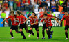 Spains team celebrates after winning against Italy at the Euro 2008 quarter final soccer match between Spain and Italy at the Ernst Happel stadium in Vienna, Austria, Sunday June 22, 2008.
