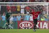 Spains midfielder Marcos Senna, right, reacts after scoring on a penalty kick past Italys goalkeeper Gianluigi Buffon during the Euro 2008 quarter final soccer match between Spain and Italy at the Ernst Happel stadium in Vienna, Austria, Sunday June 22, 2008.
