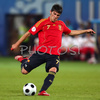 Spains forward David Villa kicks the ball during the Euro 2008 quarter final soccer match between Spain and Italy at the Ernst Happel stadium in Vienna, Austria, Sunday June 22, 2008.
