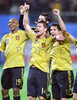 Spains midfielder Marcos Senna, midfielder Xabi Alonso and defender Joan Capdevila (from left) celebrate after Spain defeated Russia 3-0 at the Euro 2008 semi final soccer match between Russia and Spain at the Ernst Happel stadium in Vienna, Austria, Thursday June 26, 2008.
