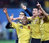 Spains midfielder Marcos Senna, midfielder Xabi Alonso and defender Joan Capdevila (from left) celebrate after Spain defeated Russia 3-0 at the Euro 2008 semi final soccer match between Russia and Spain at the Ernst Happel stadium in Vienna, Austria, Thursday June 26, 2008.
