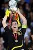 Spains Iker Casillas celebrating with trophy after the Euro 2008 final soccer match between Spain and Germany at the Ernst Happel stadium in Vienna, Austria, Sunday June 29, 2008.
