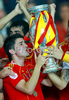 Spains David Villa celebrating with trophy after the Euro 2008 final soccer match between Spain and Germany at the Ernst Happel stadium in Vienna, Austria, Sunday June 29, 2008.
