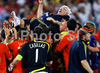 Spanish team with coach Luis Aragones celebrating after the Euro 2008 final soccer match between Spain and Germany at the Ernst Happel stadium in Vienna, Austria, Sunday June 29, 2008.
