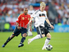 Bastian Schweinsteiger and Marcos Senna during the Euro 2008 final soccer match between Spain and Germany at the Ernst Happel stadium in Vienna, Austria, Sunday June 29, 2008.
