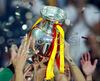 Spainish team celebrating with trophy after the Euro 2008 final soccer match between Spain and Germany at the Ernst Happel stadium in Vienna, Austria, Sunday June 29, 2008.
