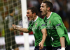 Corry Evans of Northern Ireland (L) and Kyle Lafferty of Northern Ireland (R) celebrating after scoring during football match of first round of UEFA European championships qualifications between Slovenia and Northern Ireland. Match between Slovenia and Northern Ireland was played on Friday, 3rd of September 2010 in Ljudski Vrt arena in Maribor, Slovenia.
