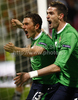 Corry Evans of Northern Ireland (L) and Kyle Lafferty of Northern Ireland (R) celebrating after scoring during football match of first round of UEFA European championships qualifications between Slovenia and Northern Ireland. Match between Slovenia and Northern Ireland was played on Friday, 3rd of September 2010 in Ljudski Vrt arena in Maribor, Slovenia.
