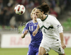 Joan Edmundsson of Faroe Islands (L) and Marko Suler of Slovenia during football match of UEFA European championships qualifications between Slovenia and Faroe Islands. Match between Slovenia and Faroe Islands was played on Friday, 8th of October 2010 in Stozice arena in Ljubljana, Slovenia.

